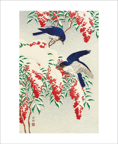 Flycatchers in the Snow Greeting Card - Ohara Koson